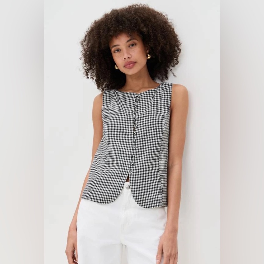 Reformation Addison Linen Top in a black and white gingham pattern